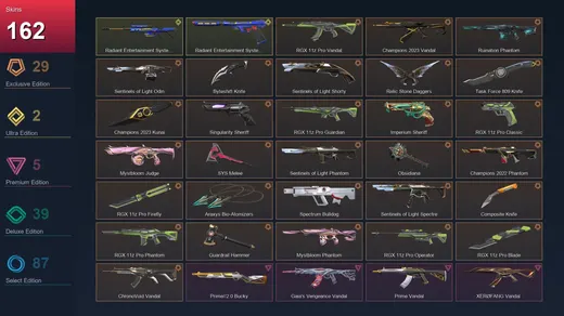 EU | RGX 11z Pro Vandal | Champions 2023 Vandal | Ruination Phantom | Sentinels of Light Odin | 162 Skin | 27 Agent | 150 Buddy | Diamond II | Lv252 — Valorant account