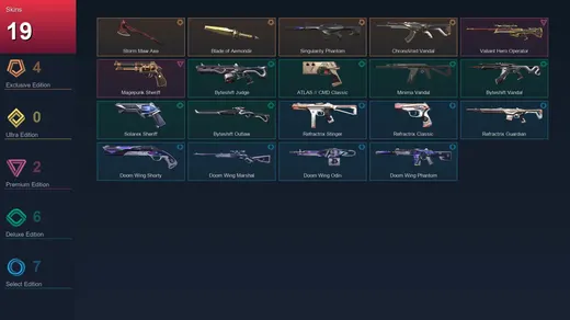 AP | Storm Maw Axe | Blade of Aemondir | Singularity Phantom | ChronoVoid Vandal | 19 Skin | 14 Agent | 22 Buddy | Lv47
