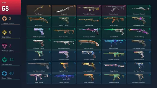 AP | Ruin Dagger | Songsteel | Prime//2.0 Phantom | Reaver Vandal | 58 Skin | 29 Agent | 154 Buddy | Lv382