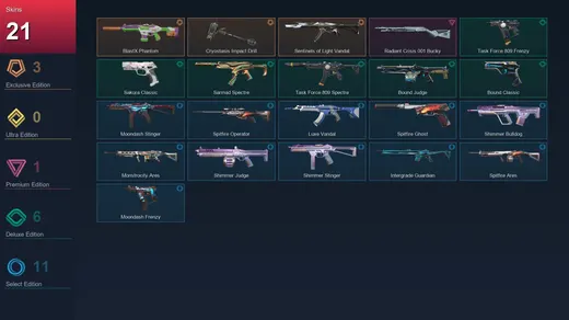 AP | BlastX Phantom | Cryostasis Impact Drill | Sentinels of Light Vandal | Radiant Crisis 001 Bucky | 21 Skin | 21 Agent | 28 Buddy | Lv73
