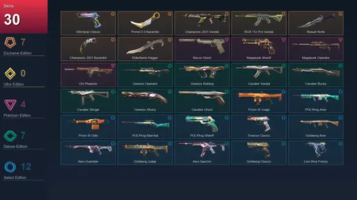 NA | Glitchpop Classic | Prime//2.0 Karambit | Champions 2021 Vandal | RGX 11z Pro Vandal | 30 Skin | 17 Agent | 60 Buddy | Lv74