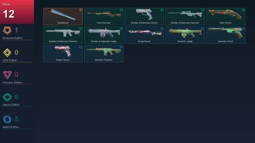 NA | Equilibrium | Ruin Marshal | Kohaku & Matsuba Classic | Kohaku & Matsuba Operator | 12 Skin | 12 Agent | 14 Buddy | Lv22
