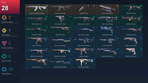 EU | Kuronami Vandal | Byteshift Knife | Hieroscape Blades | Evori Dreamwings Vandal | 28 Skin | 13 Agent | 36 Buddy | Lv81