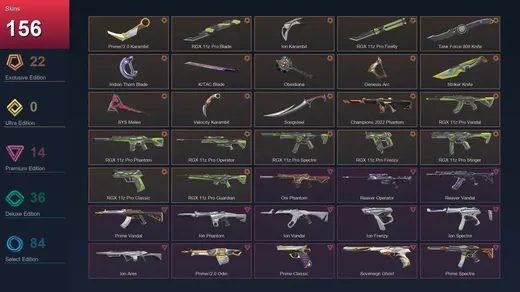 AP | Prime//2.0 Karambit | RGX 11z Pro Blade | Ion Karambit | RGX 11z Pro Firefly | 156 Skin | 24 Agent | 140 Buddy | Lv267 — Valorant account