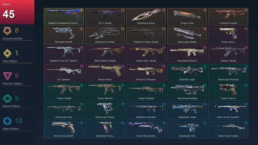 AP | EX.O Vandal | Mystbloom Kunai | Torque Coiler | Overdrive Vandal | 45 Skin | 16 Agent | 47 Buddy | Lv60
