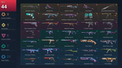 EU | Montage Axe | SplashX Operator | Heart Splitter | Black.Market Butterfly Knife | 44 Skin | 17 Agent | 31 Buddy | Bronze III | Lv64 — Valorant account