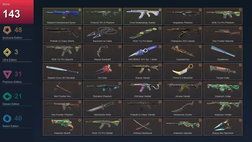 EU | Singularity Phantom | RGX 11z Pro Phantom | Prelude to Chaos Shorty | Kuronami no Yaiba | 143 Skin | 25 Agent | 59 Buddy | Lv100 — Valorant account