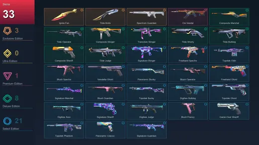 LA | Ignite Fan | Tilde Knife | Spectrum Guardian | Oni Vandal | 33 Skin | 14 Agent | 35 Buddy | Lv66