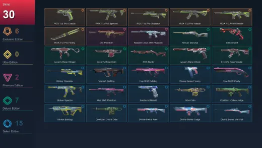 EU | RGX 11z Pro Classic | RGX 11z Pro Spectre | RGX 11z Pro Operator | RGX 11z Pro Vandal | 30 Skin | 21 Agent | 36 Buddy | Lv72