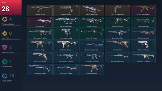 EU | CYRAX Vandal | Kuronami Sheriff | Hieroscape Blades | VCT 2025 Karambit | 28 Skin | 20 Agent | 38 Buddy | Lv57 — Valorant account