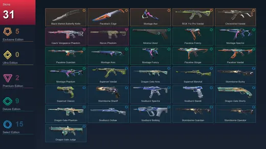 AP | Black.Market Butterfly Knife | Paceline's Edge | Montage Axe | RGX 11z Pro Vandal | 31 Skin | 15 Agent | 22 Buddy | Silver II | Lv51 — Valorant account