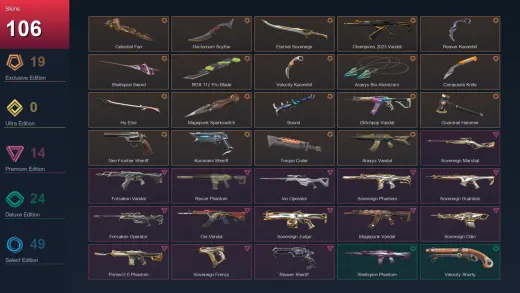 AP | Celestial Fan | Nocturnum Scythe | Eternal Sovereign | Champions 2023 Vandal | 106 Skin | 24 Agent | 95 Buddy | Lv136