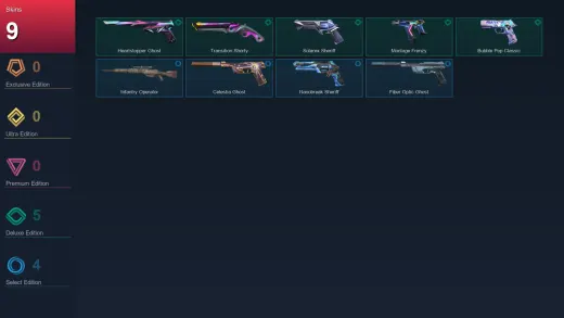 AP | Heartstopper Ghost | Transition Shorty | Solarex Sheriff | Montage Frenzy | 9 Skin | 29 Agent | 70 Buddy | Platinum III | Lv185