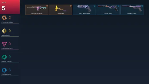 NA | Glitchpop Phantom | Prime Axe | Death Wish Sheriff | Jigsaw Ghost | 5 Skin | 15 Agent | 28 Buddy | Lv57