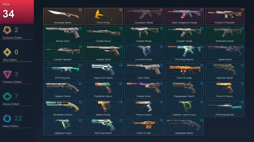 AP | Sovereign Sword | Prism III Axe | Cryostasis Vandal | Gaia's Vengeance Vandal | 34 Skin | 29 Agent | 118 Buddy | Lv270