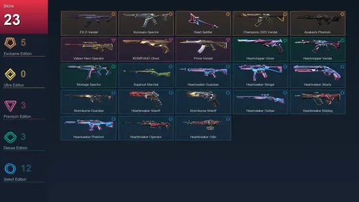 AP | EX.O Vandal | Kuronami Spectre | Heart Splitter | Champions 2025 Vandal | 23 Skin | 11 Agent | 20 Buddy | Lv37