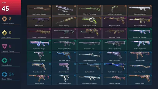 AP | Neo Frontier Marshal | Hieroscape Blades | RGX 11z Pro Outlaw | RGX 11z Pro Karambit | 45 Skin | 26 Agent | 89 Buddy | Platinum I | Lv182 — Valorant account