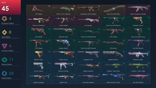 AP | .SYS Melee | RGX 11z Pro Operator | Champions 2022 Phantom | Task Force 809 Knife | 45 Skin | 28 Agent | 93 Buddy | Lv252