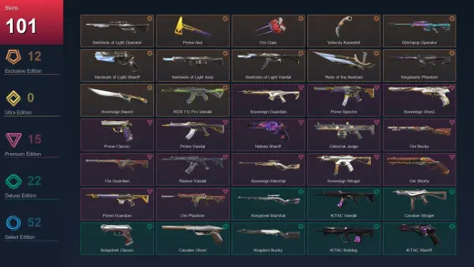 NA | Sentinels of Light Operator | Prime Axe | Oni Claw | Velocity Karambit | 101 Skin | 20 Agent | 79 Buddy | Lv82