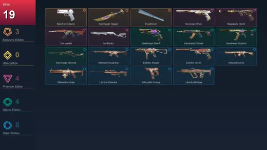 AP | Spectrum Classic | Sandswept Dagger | Equilibrium | Sovereign Ghost | 19 Skin | 13 Agent | 16 Buddy | Lv37