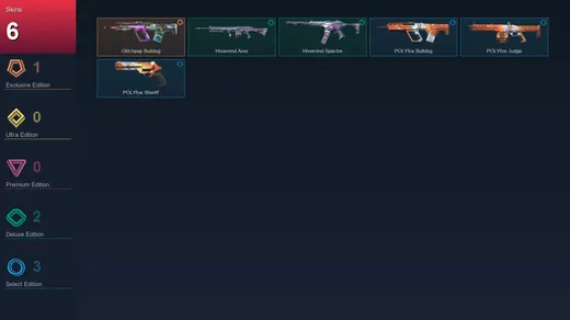 AP | Glitchpop Bulldog | Hivemind Ares | Hivemind Spectre | POLYfox Bulldog | 6 Skin | 7 Agent | 9 Buddy | Lv15