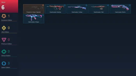 EU | Prelude to Chaos Operator | Heartbreaker Bulldog | Heartseeker Outlaw | Heartbreaker Odin | 6 Skin | 10 Agent | 14 Buddy | Lv26 — Valorant account
