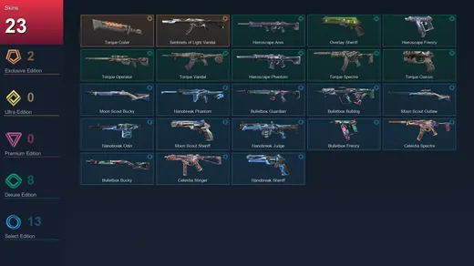 EU | Torque Coiler | Sentinels of Light Vandal | Hieroscape Ares | Overlay Sheriff | 23 Skin | 11 Agent | 28 Buddy | Lv60