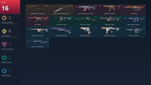EU | Champions 2023 Vandal | Black.Market Butterfly Knife | Gaia's Vengeance Vandal | Magepunk Spectre | 16 Skin | 21 Agent | 28 Buddy | Lv56