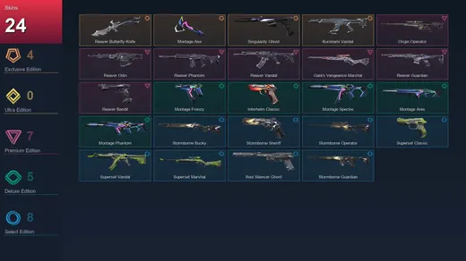AP | Reaver Butterfly Knife | Montage Axe | Singularity Ghost | Kuronami Vandal | 24 Skin | 13 Agent | 25 Buddy | Lv54 — Valorant account