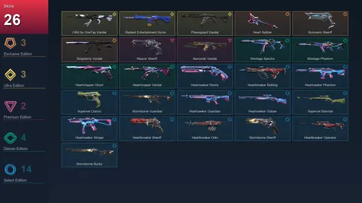 EU | Heart Splitter | Kuronami Sheriff | Singularity Vandal | ORA by OneTap Vandal | 26 Skin | 18 Agent | 21 Buddy | Lv58