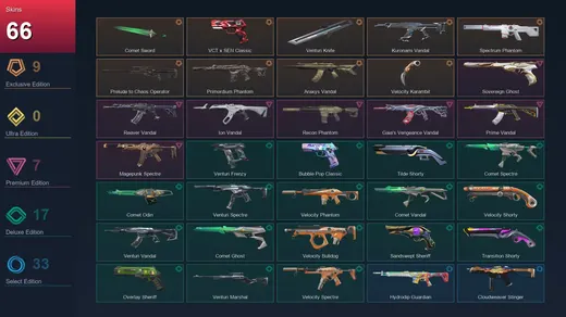 AP | Comet Sword | VCT x SEN Classic | Venturi Knife | Kuronami Vandal | 66 Skin | 26 Agent | 113 Buddy | Lv328 — Valorant account