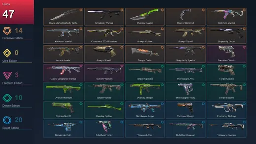 AP | Black.Market Butterfly Knife | Singularity Vandal | Overlay Dagger | Reaver Karambit | 47 Skin | 20 Agent | 32 Buddy | Lv69 — Valorant account