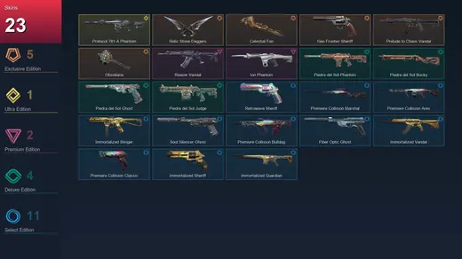 AP | Relic Stone Daggers | Celestial Fan | Neo Frontier Sheriff | Prelude to Chaos Vandal | 23 Skin | 24 Agent | 44 Buddy | Lv105 — Valorant account