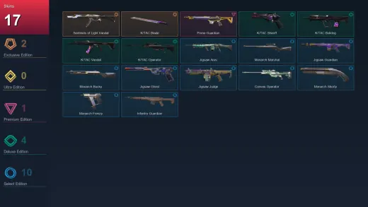 AP | Sentinels of Light Vandal | K/TAC Blade | Prime Guardian | K/TAC Sheriff | 17 Skin | 22 Agent | 37 Buddy | Lv81