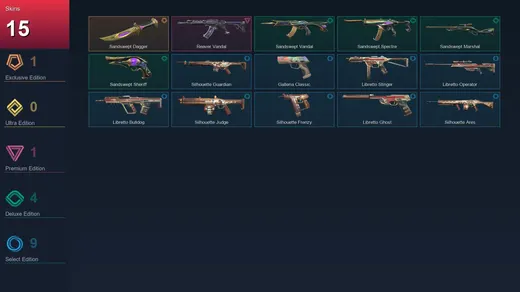 AP | Sandswept Dagger | Reaver Vandal | Sandswept Vandal | Sandswept Spectre | 15 Skin | 12 Agent | 16 Buddy | Lv34