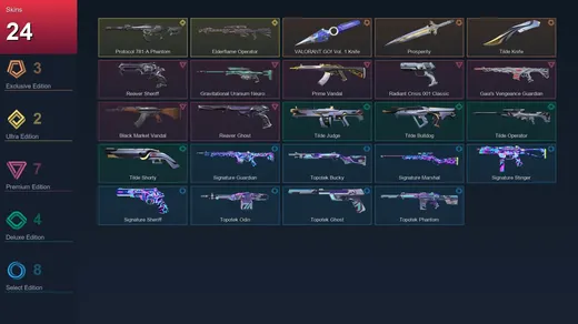 NA | VALORANT GO! Vol. 1 Knife | Prosperity | Tilde Knife | Protocol 781-A Phantom | 24 Skin | 11 Agent | 11 Buddy | Lv22