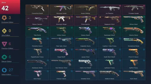 AP | ChronoVoid Sheriff | Glitchpop Vandal | Araxys Bulldog | Ion Phantom | 42 Skin | 27 Agent | 109 Buddy | Platinum II | Lv442