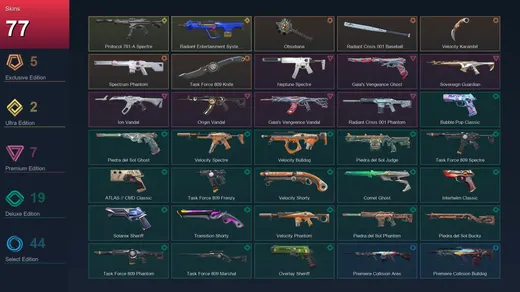 EU | Obsidiana | Radiant Crisis 001 Baseball Bat | Velocity Karambit | Spectrum Phantom | 77 Skin | 28 Agent | 169 Buddy | Platinum I | Lv453