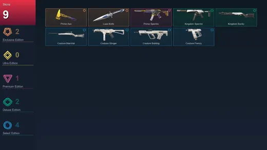 NA | Prime Axe | Luxe Knife | Prime Spectre | Kingdom Spectre | 9 Skin | 7 Agent | 10 Buddy | Lv1