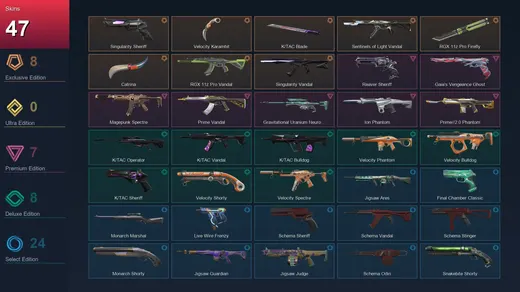 EU | Singularity Sheriff | Velocity Karambit | K/TAC Blade | Sentinels of Light Vandal | 47 Skin | 28 Agent | 82 Buddy | Lv168
