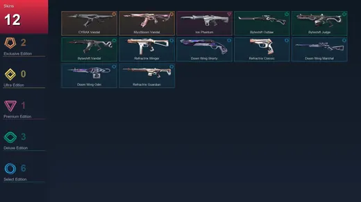 AP | CYRAX Vandal | Mystbloom Vandal | Ion Phantom | Byteshift Outlaw | 12 Skin | 13 Agent | 17 Buddy | Lv31