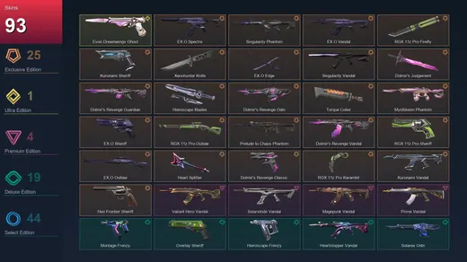 EU | EX.O Spectre | Singularity Phantom | EX.O Vandal | RGX 11z Pro Firefly | 93 Skin | 28 Agent | 99 Buddy | Lv164 — Valorant account