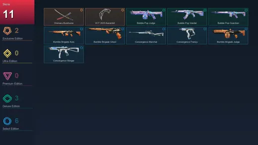 AP | Onimaru Kunitsuna | VCT 2025 Karambit | Bubble Pop Judge | Bubble Pop Vandal | 11 Skin | 12 Agent | 25 Buddy | Lv37