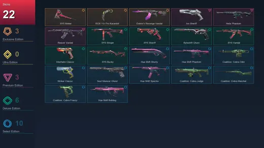 AP | .SYS Melee | RGX 11z Pro Karambit | Dolmir's Revenge Vandal | Ion Sheriff | 22 Skin | 28 Agent | 54 Buddy | Lv144
