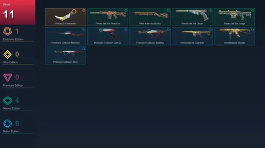 AP | Prime//2.0 Karambit | Piedra del Sol Phantom | Piedra del Sol Bucky | Piedra del Sol Ghost | 11 Skin | 9 Agent | 10 Buddy | Lv23