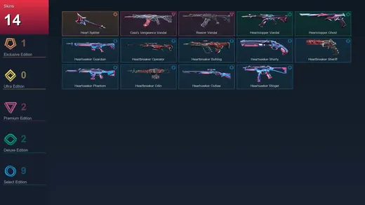 EU | Heart Splitter | Gaia's Vengeance Vandal | Reaver Vandal | Heartstopper Vandal | 14 Skin | 14 Agent | 15 Buddy | Lv47