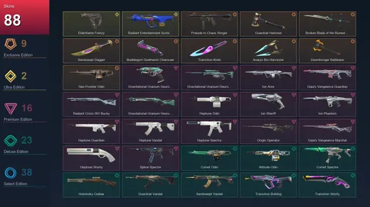 EU | Prelude to Chaos Stinger | Guardrail Hammer | Broken Blade of the Ruined King | Sandswept Dagger | 88 Skin | 28 Agent | 73 Buddy | Lv116