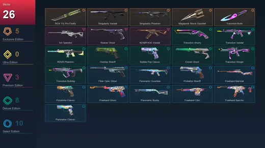 EU | RGX 11z Pro Firefly | Singularity Vandal | Singularity Phantom | Magepunk Shock Gauntlet | 26 Skin | 17 Agent | 61 Buddy | Lv128 — Valorant account