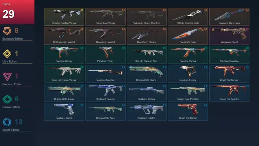 EU | Primordium Vandal | Prelude to Chaos Phantom | ORA by OneTap Knife | Kuronami Naru-Kami | 29 Skin | 15 Agent | 27 Buddy | Lv38