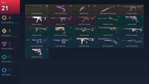 AP | VCT25 x PRX Classic | Byteshift Knife | Black.Market Butterfly Knife | Kuronami Vandal | 21 Skin | 18 Agent | 25 Buddy | Lv50